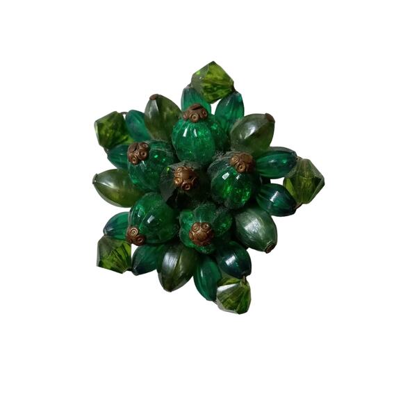 Vintage Green Cluster Brooch Signed Bronze Tone Beaded VTG - Picture 9 of 13